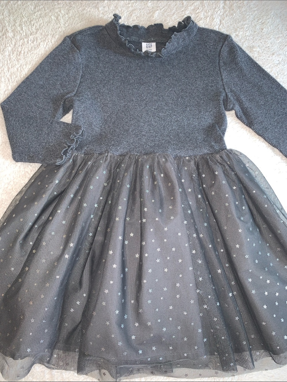 Gap Gray Tulle Stars Dress 3 Long Sleeves EUC